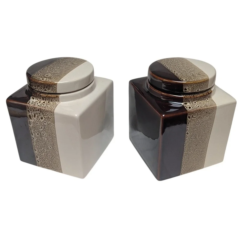 Pier 1 Canister Set Brown Tri Color Reactive‎ Glaze 2pc Stoneware Canister
